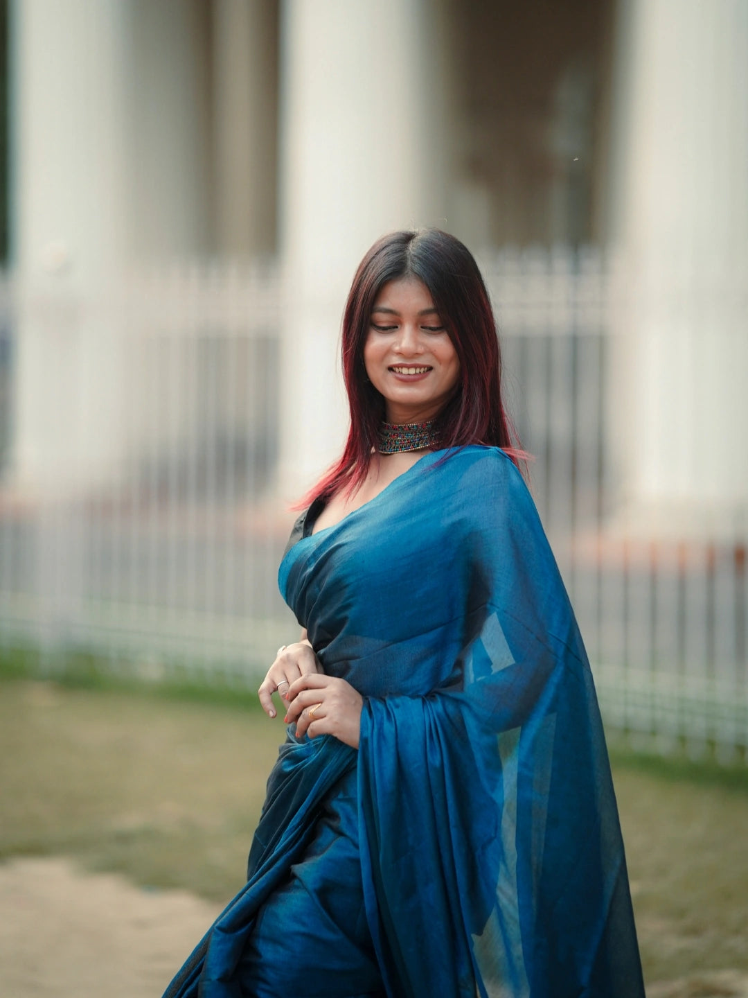 Turquoise Fleur | Turquoise Blue Handloom Tissue saree