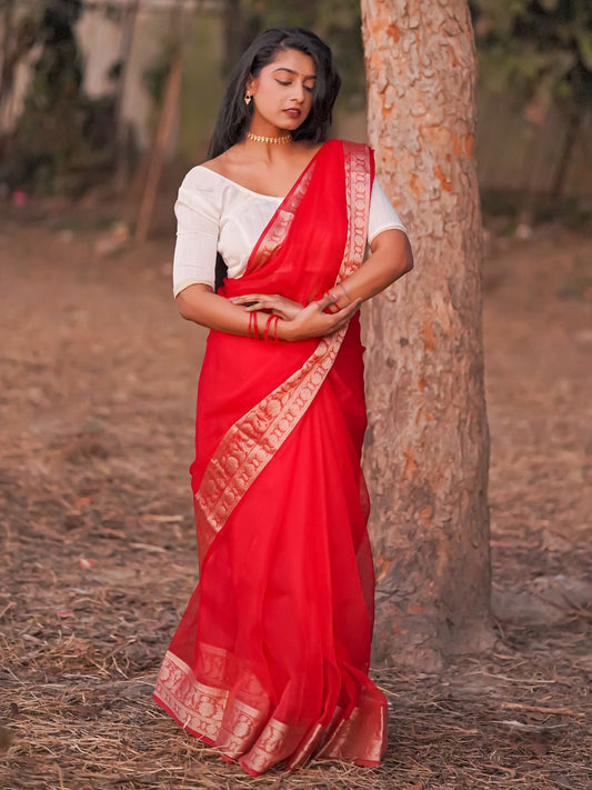 Red Rose | Red Handloom Organza Saree