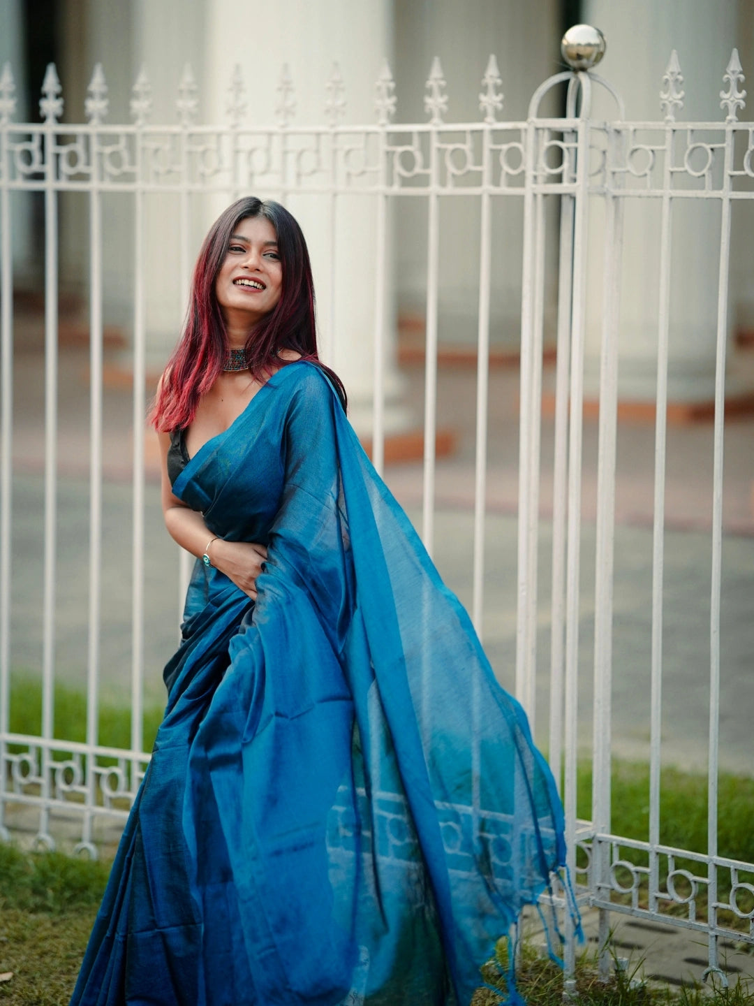 Turquoise Fleur | Turquoise Blue Handloom Tissue saree