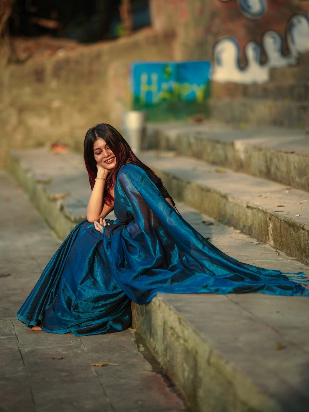 Turquoise Fleur | Turquoise Blue Handloom Tissue saree