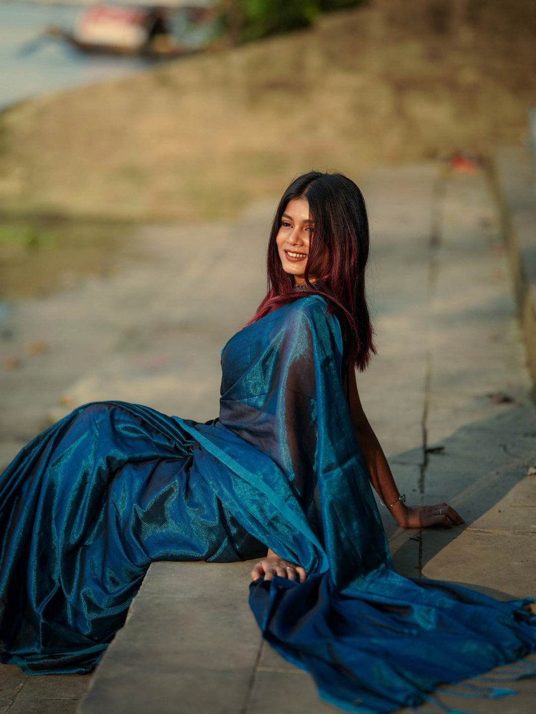 Turquoise Fleur | Turquoise Blue Handloom Tissue saree