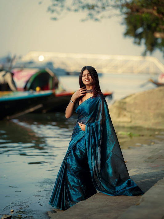 Turquoise Fleur | Turquoise Blue Handloom Tissue saree