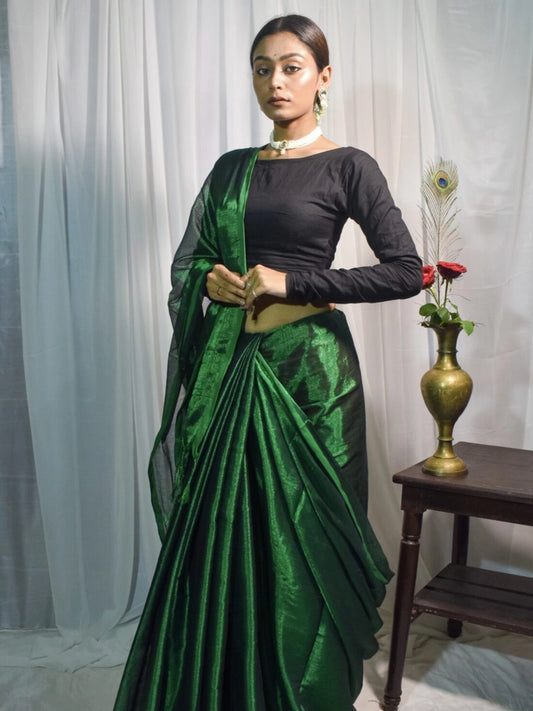 Hara Noor | Bottle Green Handloom Tissue Saree