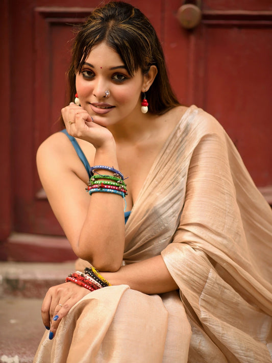 Rosy Dazzle | Rose Gold Handloom Tissue Saree.