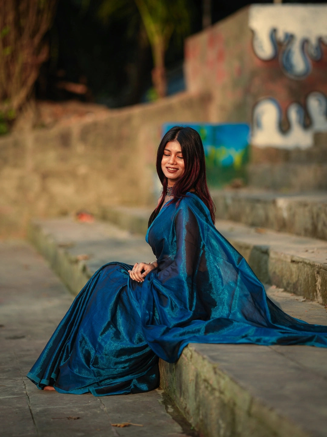 Turquoise Fleur | Turquoise Blue Handloom Tissue saree