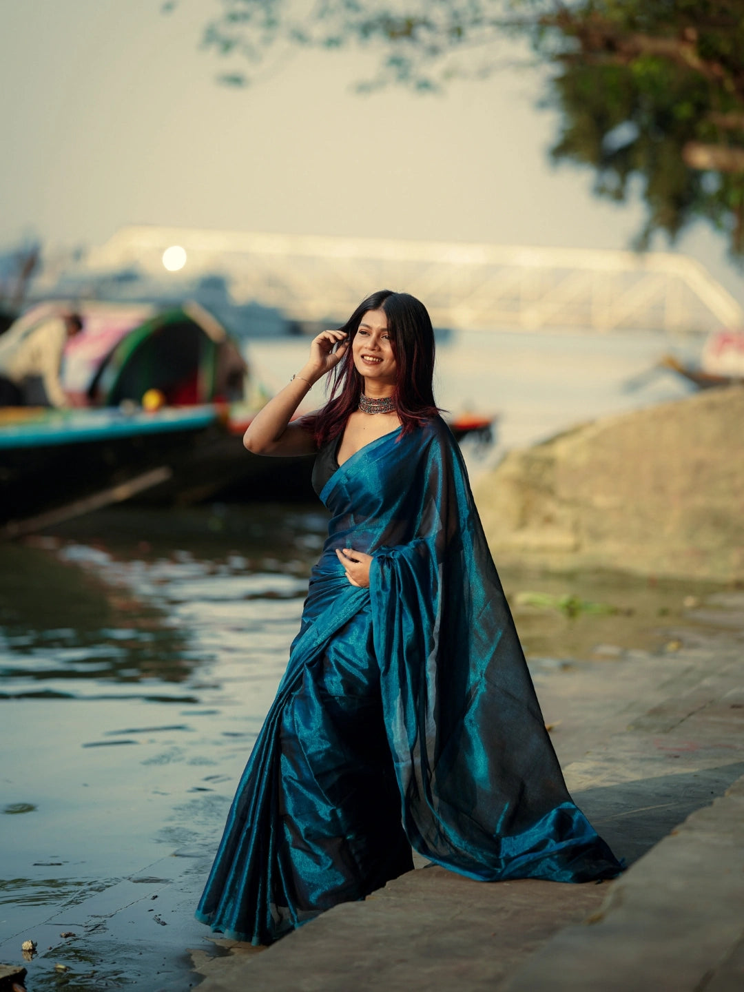 Turquoise Fleur | Turquoise Blue Handloom Tissue saree