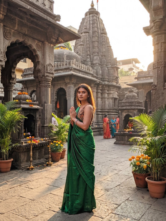 Mehndi Noor | Bottle Green Handloom Tissue Saree