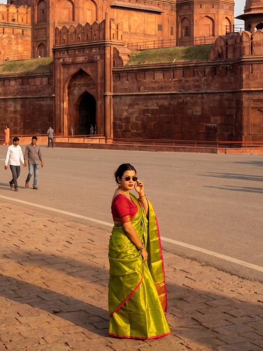 Virana Mehndi Glow | Green Handloom Tissue Saree