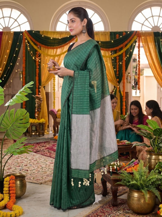 Mehndi Mint Whisper | Turquoise Green Handloom Linen Saree