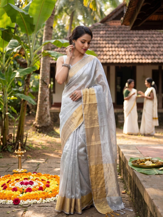 Onam Kanikonna | White & Yellow Handloom Tissue Saree