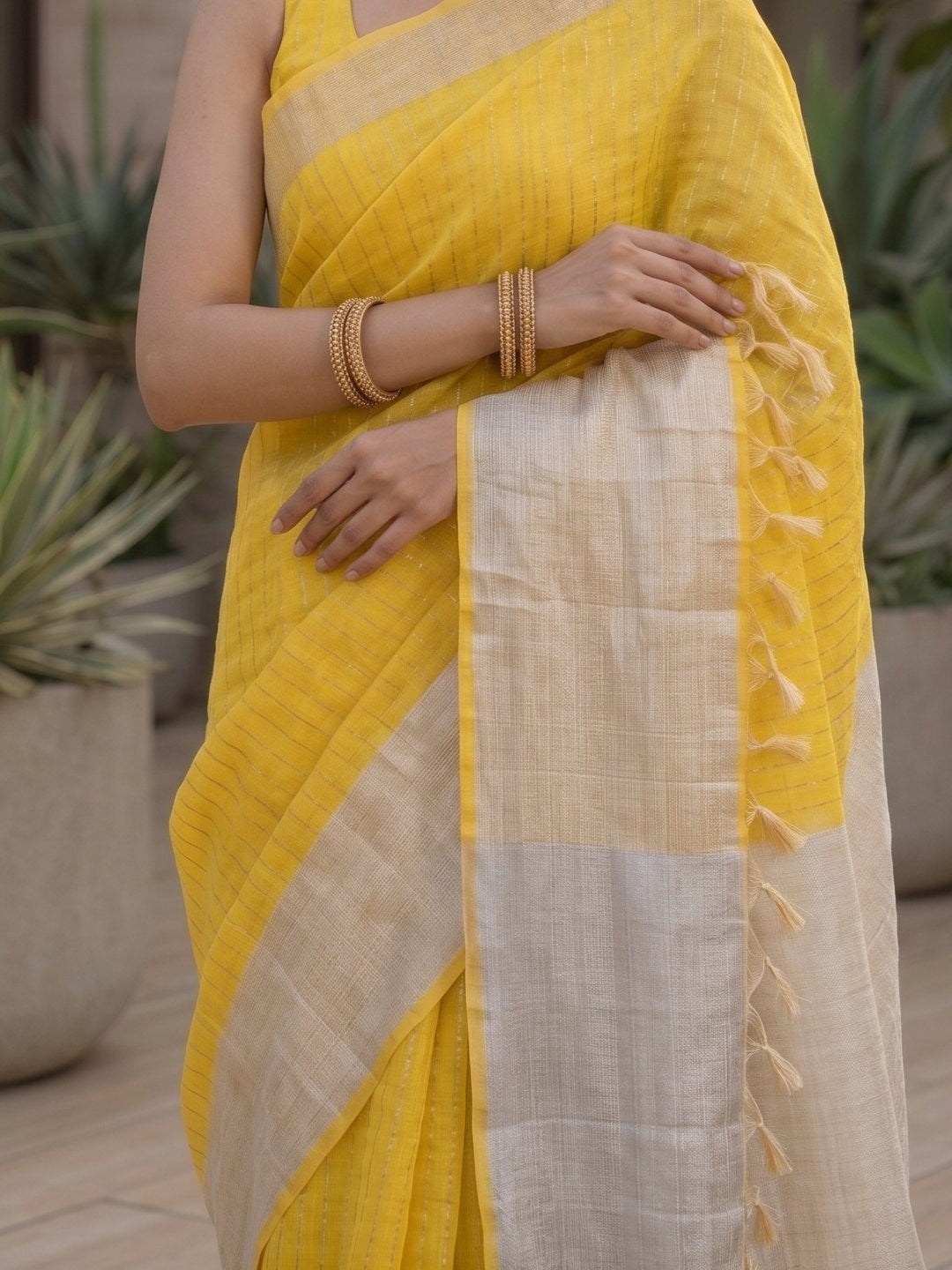 Haldi Apsara | Yellow Handloom Linen Saree with White Zari Stripe