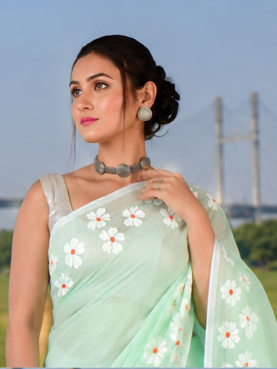 Pista Breeze | Pastel Green Handloom Cotton Saree with Delicate Handcrafted Floral Art