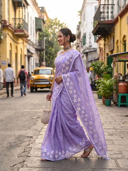 Lavender Mist | Lavender Handloom Cotton Saree with Delicate Handcrafted Floral Art