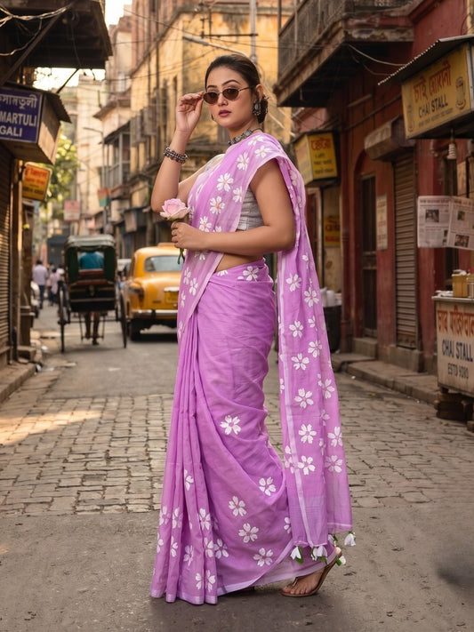Pink Petals | Dusty Pink Handloom Cotton Saree with Delicate Handcrafted Floral Art