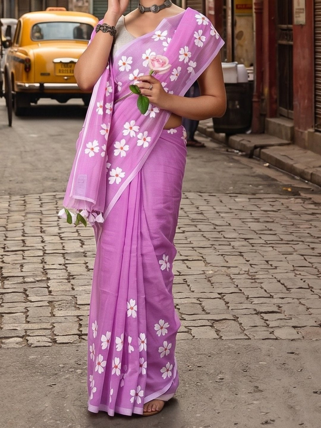 Pink Petals | Dusty Pink Handloom Cotton Saree with Delicate Handcrafted Floral Art