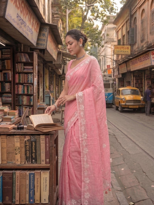 Candy Bloom | Cotton Candy Pink Handloom Cotton Saree with Delicate Handcrafted Floral Art