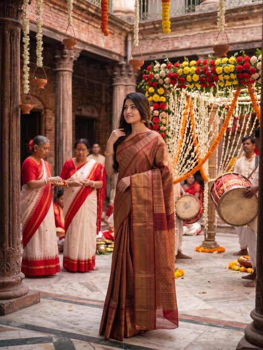Rajwada Shagun | Gold & Maroon Banarasi Tissue Saree