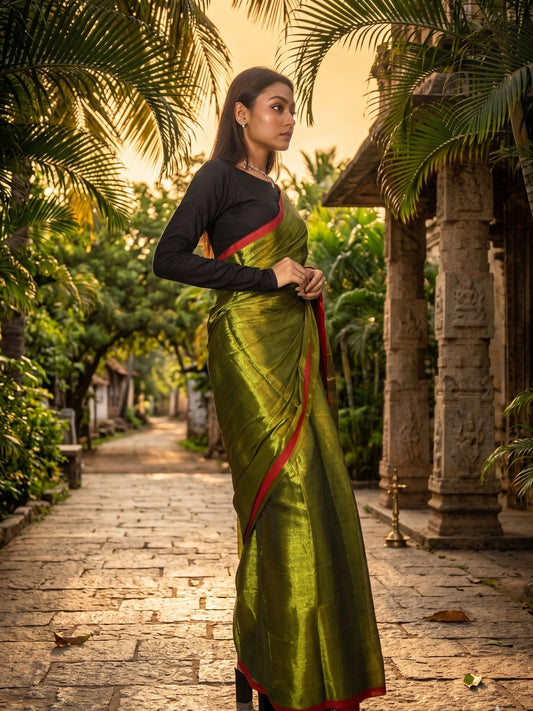 Aakar Gold Tissue Saree with Thin Red Border for Women | Handloom Lightweight Shimmer Saree with Unstitched Blouse Piece | Festive Wedding Partywear Saree