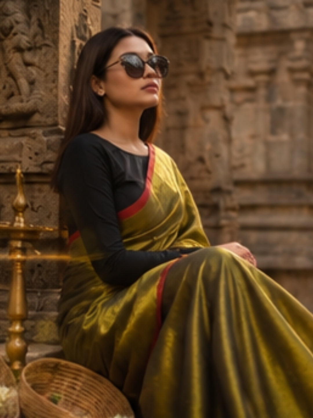 Aakar Gold Tissue Saree with Thin Red Border for Women | Handloom Lightweight Shimmer Saree with Unstitched Blouse Piece | Festive Wedding Partywear Saree