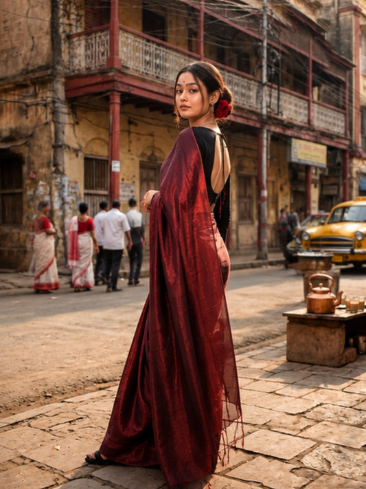 Aakar Wine Red Handloom Tissue Saree for Women | Lightweight Shimmer Party wear Saree with Unstitched Blouse Piece | Elegant Festive Wedding Saree
