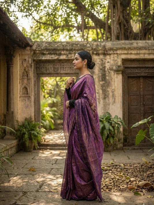 Aakar Purple Dusk Handloom Tissue Saree for Women | Lightweight Shimmer Purple Saree with Unstitched Blouse Piece | Festive Wedding Partywear Saree