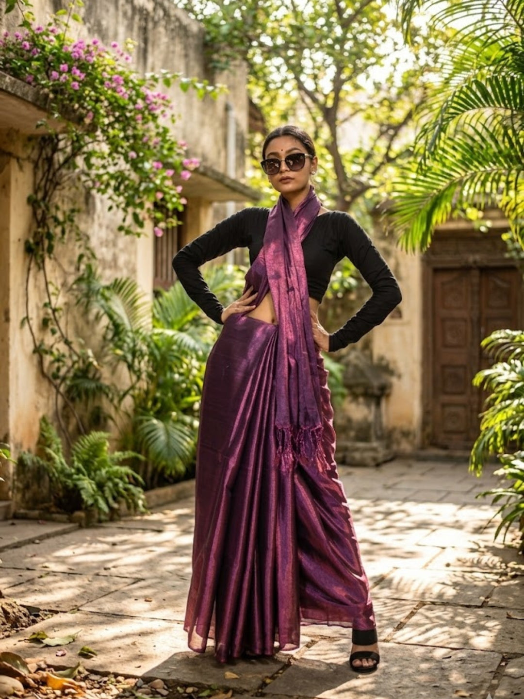 Aakar Purple Dusk Handloom Tissue Saree for Women | Lightweight Shimmer Purple Saree with Unstitched Blouse Piece | Festive Wedding Partywear Saree