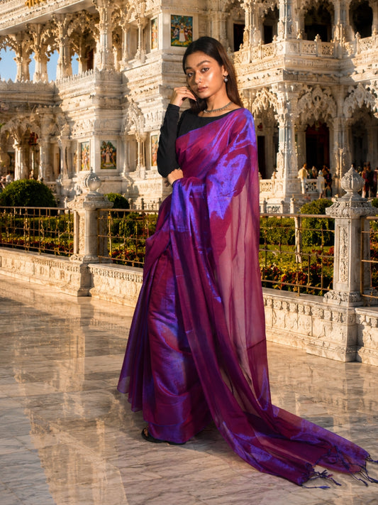 Aakar Orchid Mist Purple & Blue Handloom Tissue Saree for Women | Dual Tone Lightweight Shimmer Saree with Unstitched Blouse Piece | Festive Wedding Partywear Saree