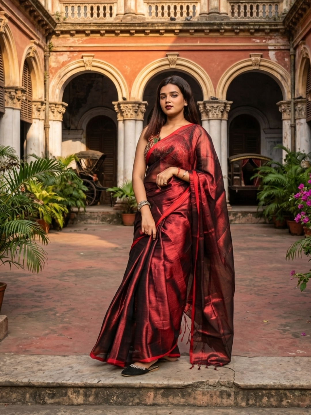 Aakar Wine Red Handloom Tissue Saree for Women | Lightweight Shimmer Partywear Saree with Unstitched Blouse Piece | Elegant Festive Wedding Saree