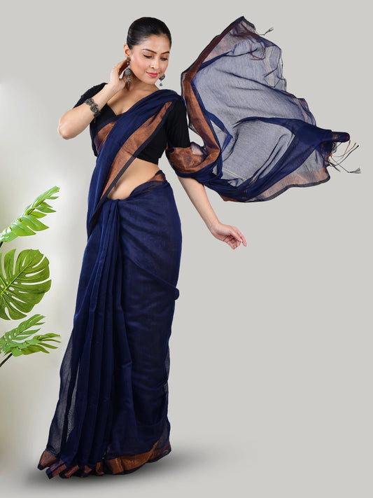 Nilvya | Blue Handloom Linen Saree