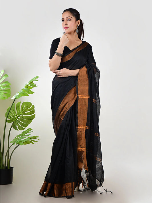 Raagini | Black Handloom Linen Saree