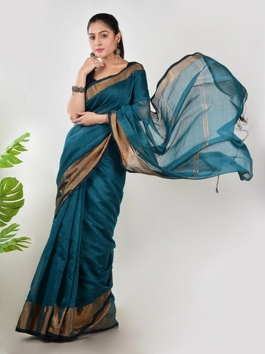 Turquoise Leher | Turquoise handloom Linen Saree