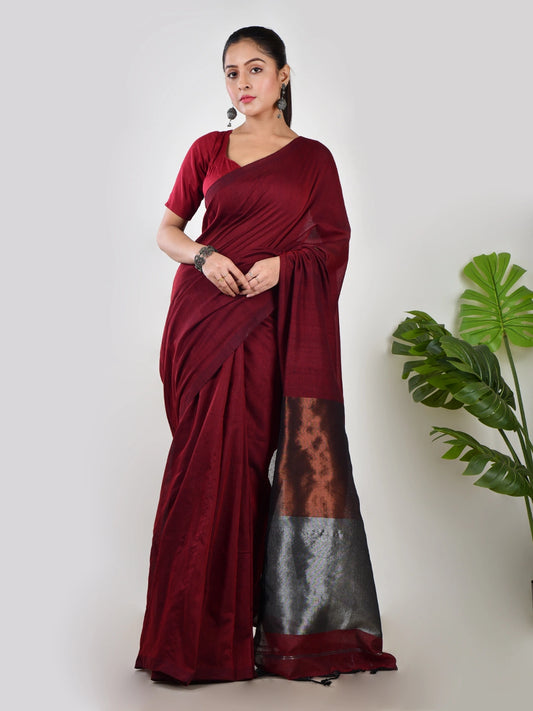 Ruhini | Maroon Handloom Linen Saree