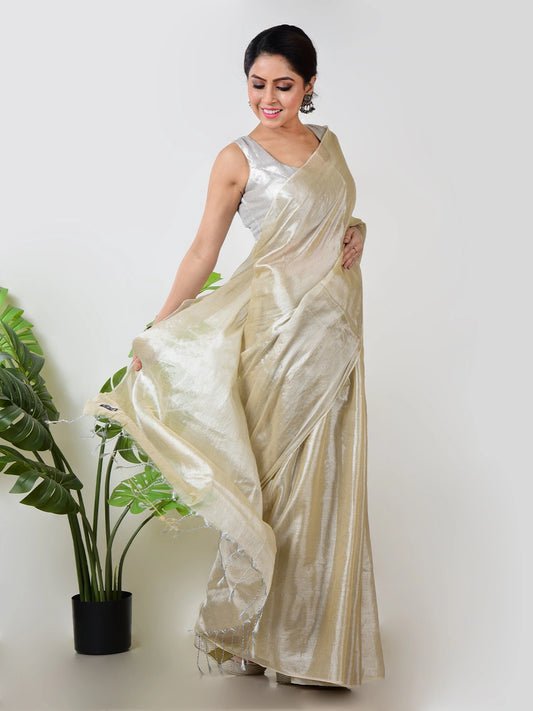 Creamy Glow | Ivory Handloom Tissue Saree