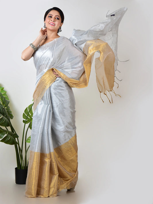 Butterscotch | White and Yellow Handloom Tissue Saree