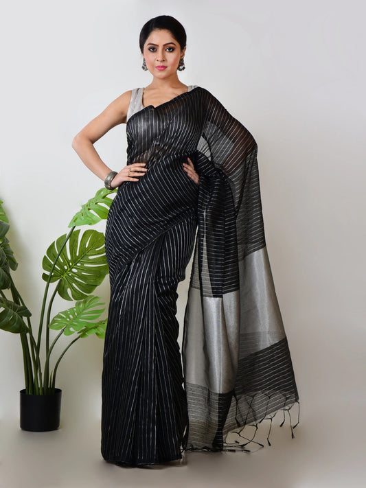 Nritya Nupur | Black Handloom Linen Saree with White Zari Stripe