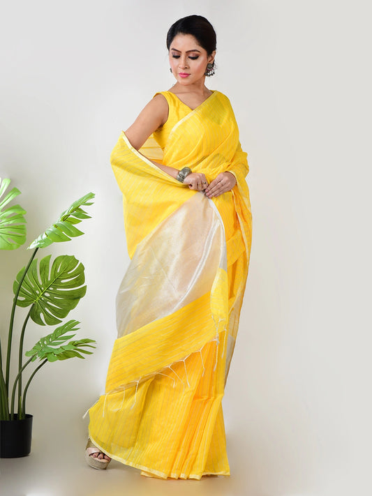Apsara Aabha | Yellow Handloom Linen Saree with White Zari Stripe