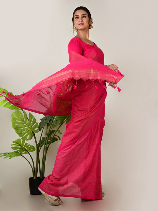 Scarlet Petals | Raspberry Pink Handloom Linen Saree with Golden Zari Stripe