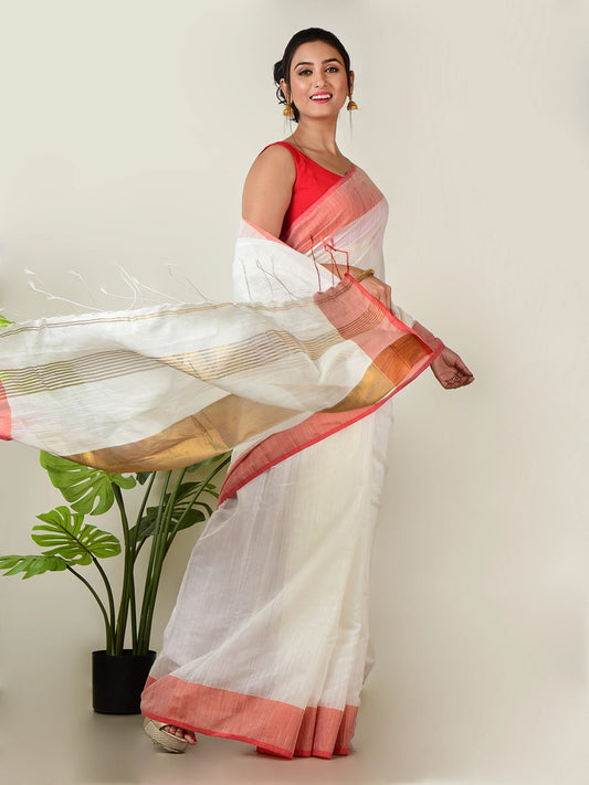 Aagomoni | White Handloom Cotton Saree With Red border