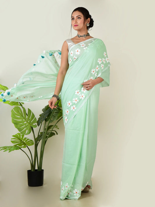 Saaj Hara | Pastel Green Handloom Cotton Saree with Delicate Handcrafted Floral Art