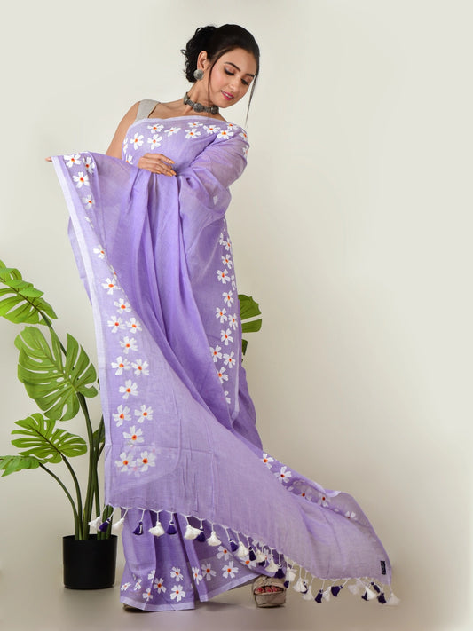 Komal Angan | lavender Handloom Cotton Saree with Delicate Handcrafted Floral Art