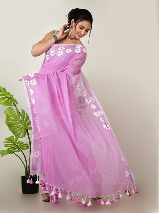 Gulabi Shaam | Dusty pink Handloom Cotton Saree with Delicate Handcrafted Floral Art
