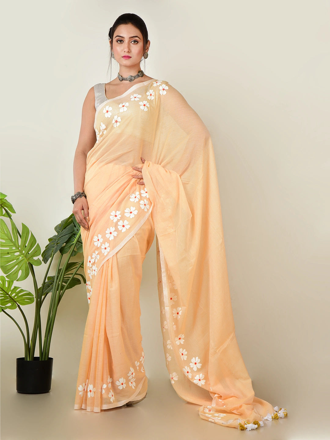Rosy Mehak | Peach Beige Handloom Cotton Saree with Delicate Handcrafted Floral Art