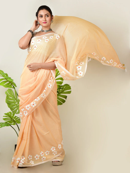Rosy Mehak | Peach Beige Handloom Cotton Saree with Delicate Handcrafted Floral Art
