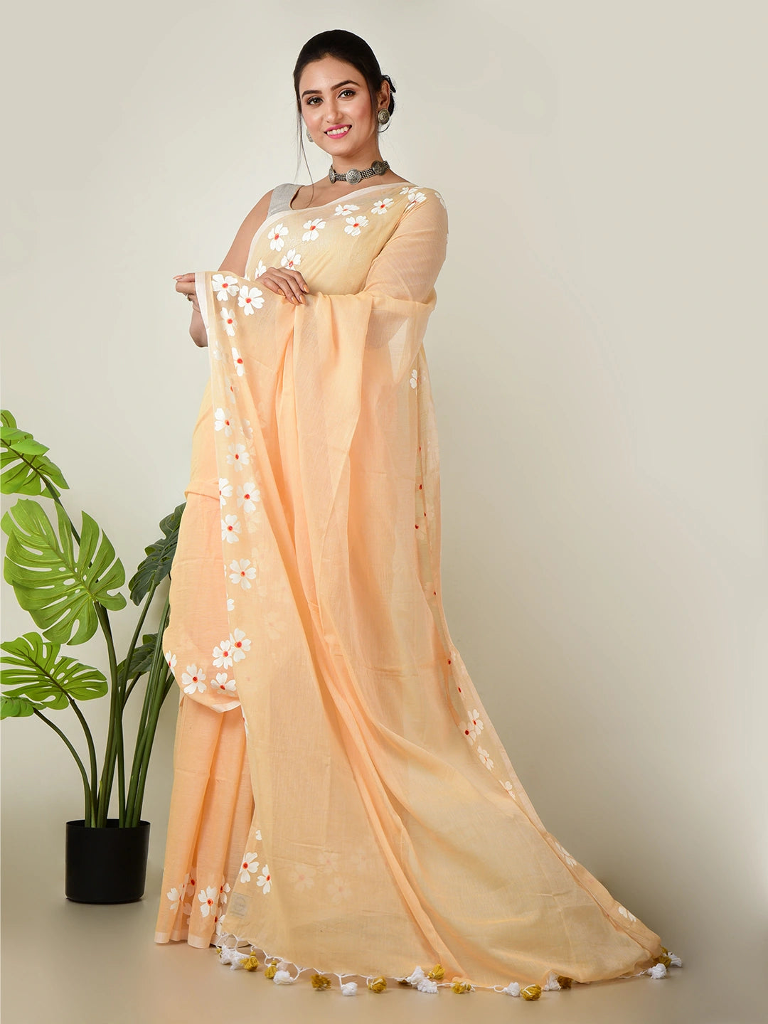 Rosy Mehak | Peach Beige Handloom Cotton Saree with Delicate Handcrafted Floral Art