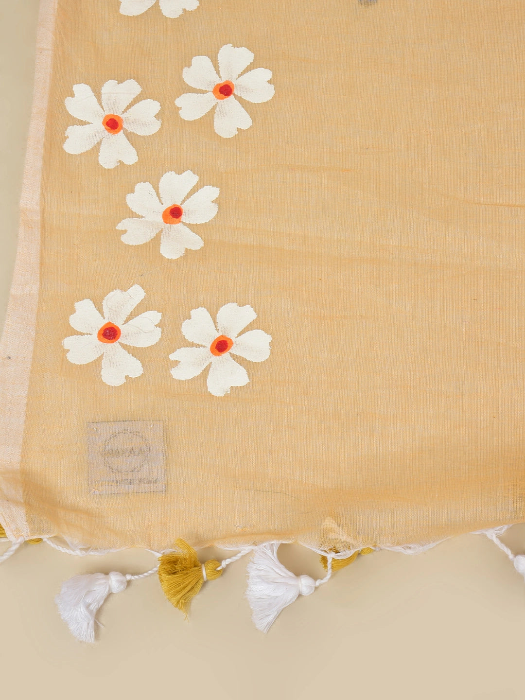 Rosy Mehak | Peach Beige Handloom Cotton Saree with Delicate Handcrafted Floral Art