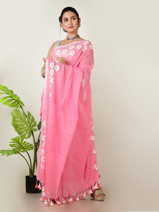 Meethi Gulab | Cotton Candy Pink Handloom Cotton Saree with Delicate Handcrafted Floral Art