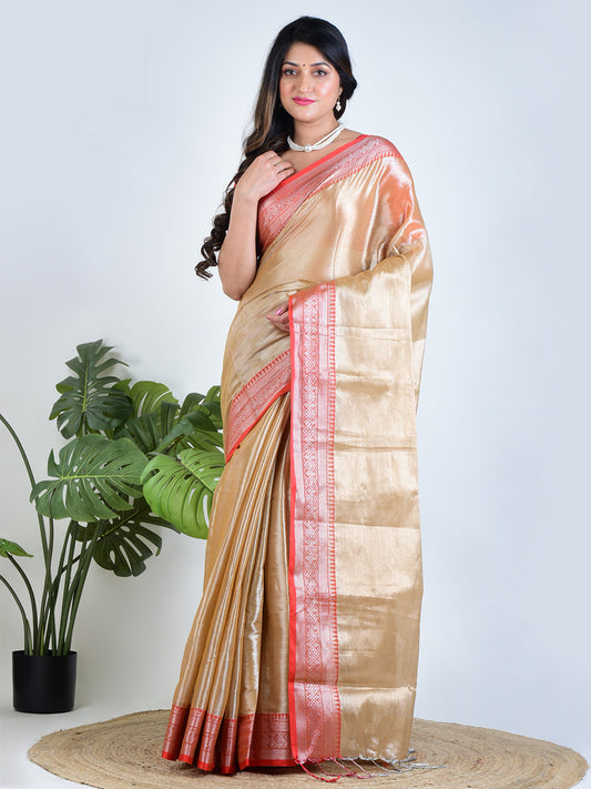 Rose Radiance | Rose Gold With Red Border Handloom Tissue saree