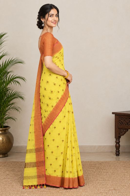 Sunshine Yellow Handloom Cotton Silk Saree with Rust Border