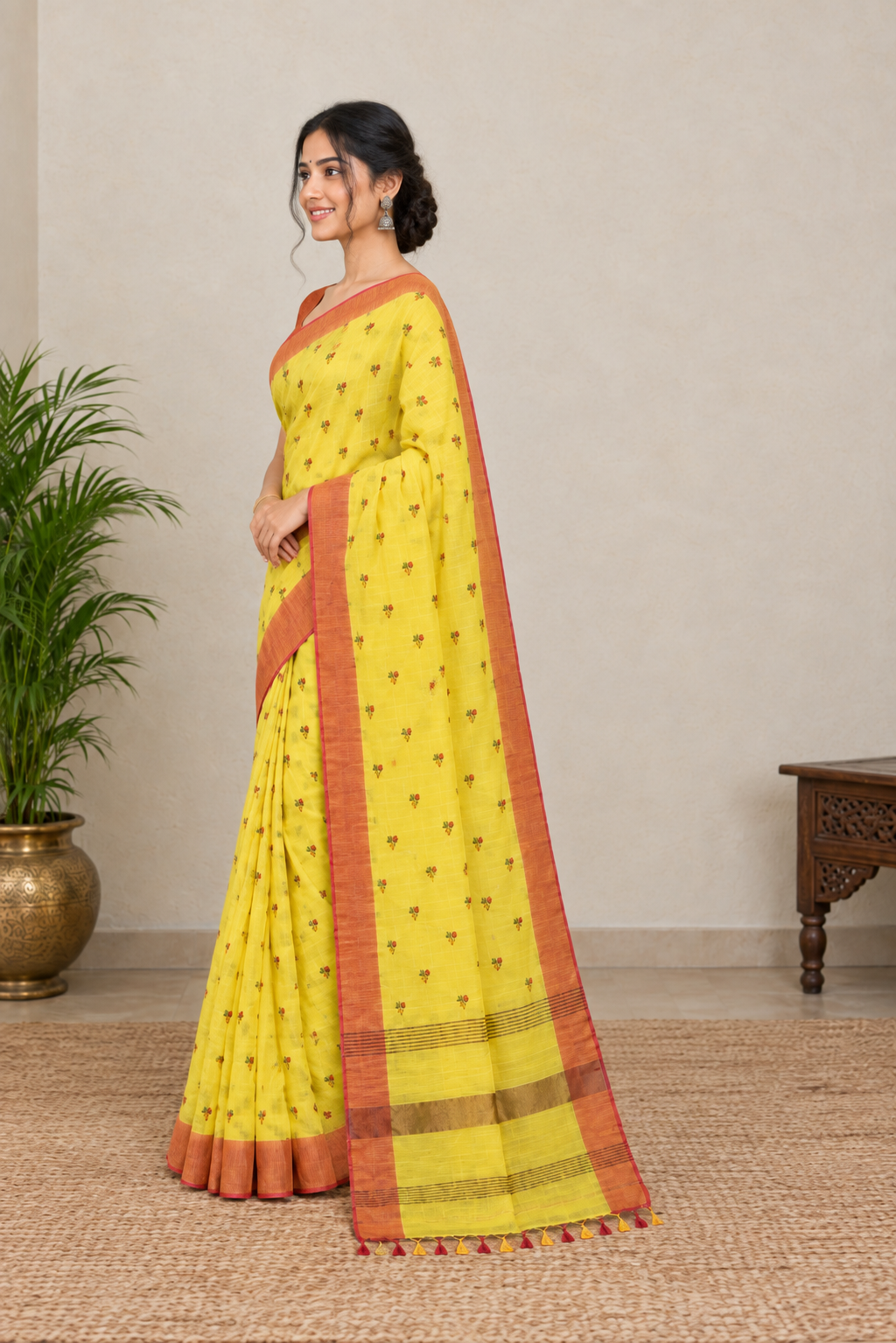 Sunshine Yellow Handloom Cotton Silk Saree with Rust Border