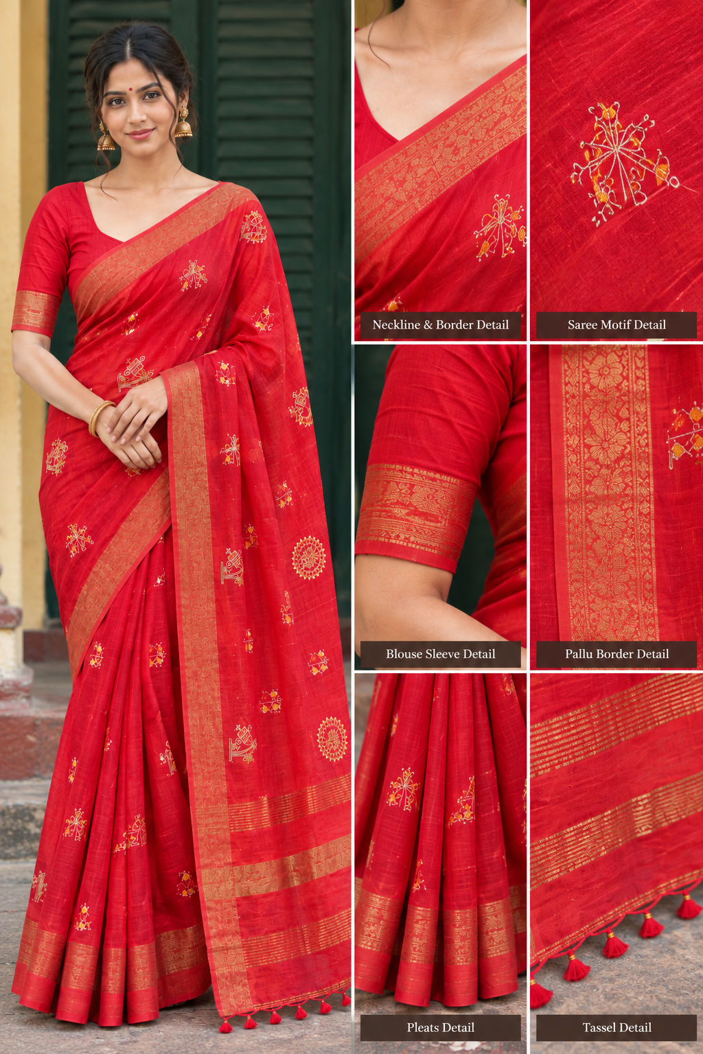 Red Handloom Cotton Saree with Traditional Gold Motifs & Zari Border